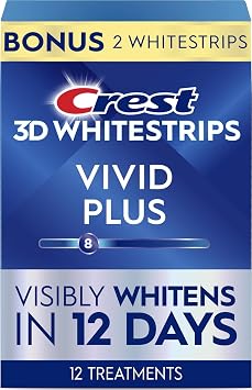 Crest Teeth Whitening Strips, Crest 3D Whitestrips Vivid Plus, Enamel Safe Teeth Whitening Kit, 12 Treatments 24 Strips, Visibly Whitens in Days, 8 Levels Whiter