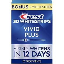 Crest Teeth Whitening Strips, Crest 3D Whitestrips Vivid Plus, Enamel Safe Teeth Whitening Kit, 12 Treatments (24 Strips), Visibly Whitens in Days, 8 Levels Whiter