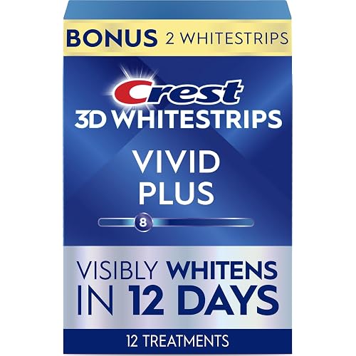 Crest Teeth Whitening Strips, Crest 3D Whitestrips Vivid Plus, Enamel Safe Teeth Whitening Kit, 12 Treatments (24 Strips), Visibly Whitens in Days, 8 Levels Whiter