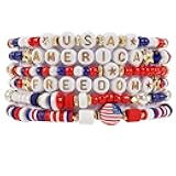 Lonext American Flag Bracelet for Women Mens USA Red Blue White Beads Stretch Bracelet Set Patriotic 4th of July Independence Day