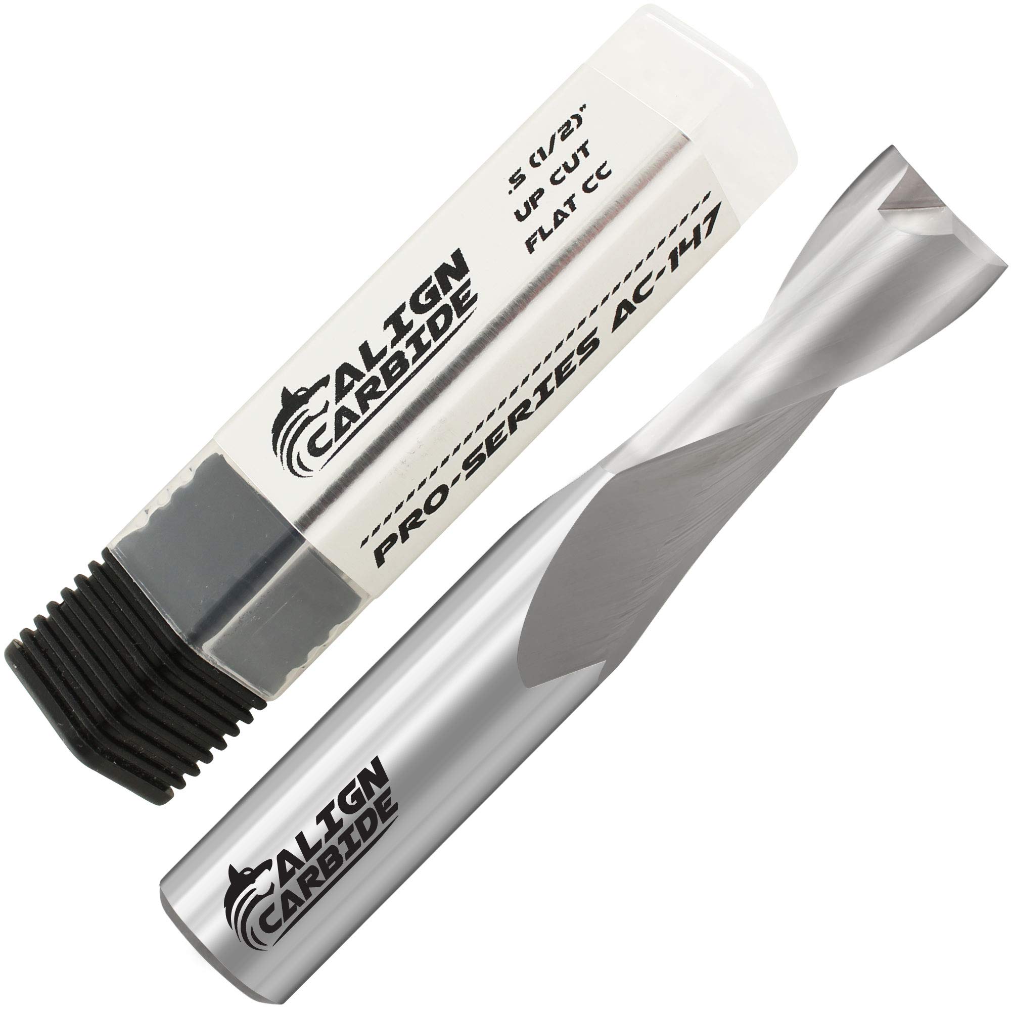 ALIGN CARBIDEUP Cut Router Bit, 1/2 Inch Cutting Diameter, 1/2 Inch Shank, 3 Inch Length, Premium Solid Micro Grain Carbide, Spiral Plunge, 2 Flute, Flat Cutting Face, CNC Router Pro-Series.