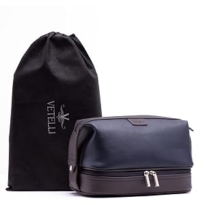 Vetell Leo Large Leather Mens Travel Toiletry and Shaving Case Bag with Upper and Lower Zippered Compartments 3