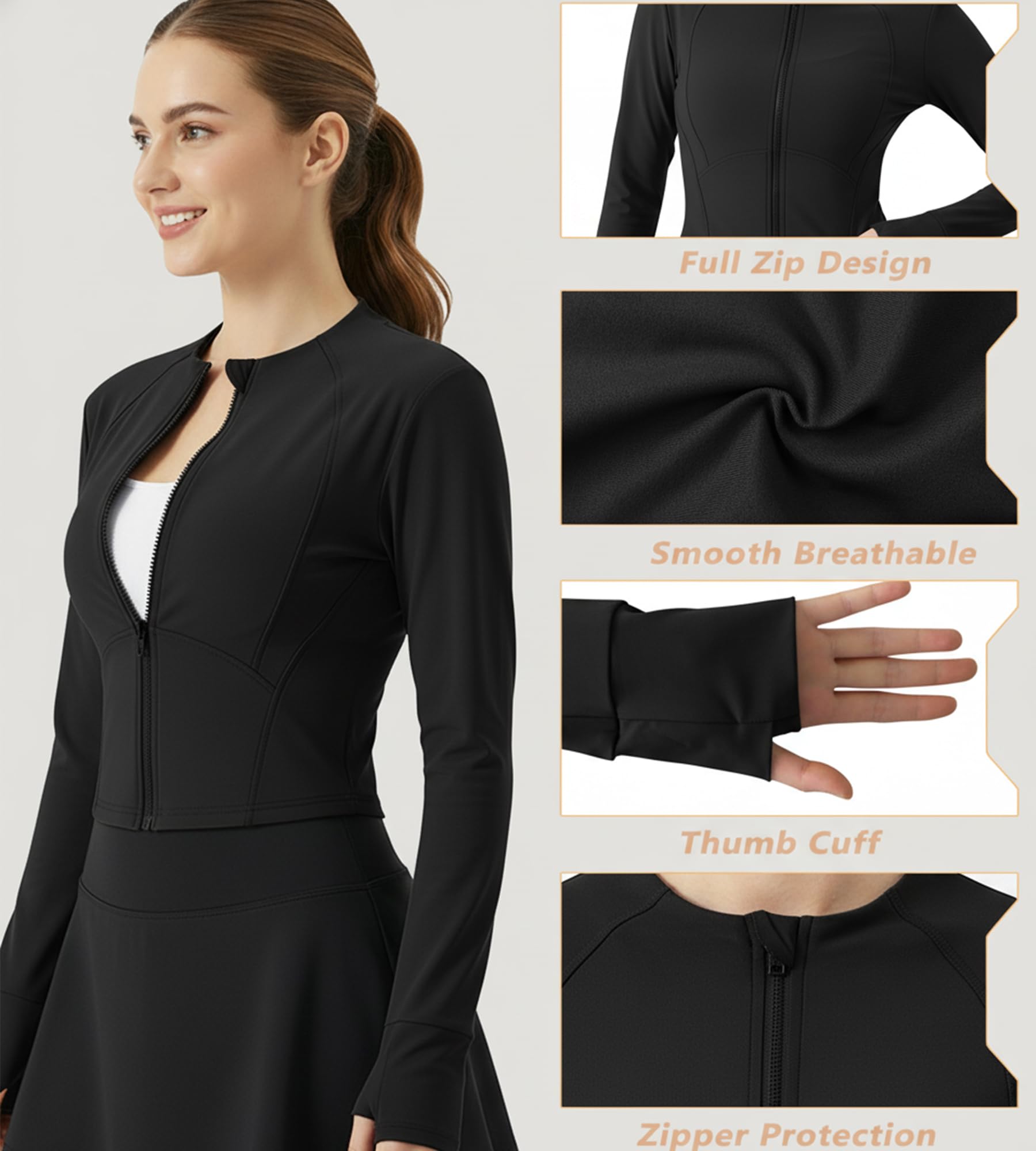 Chaqueta Deportiva Mujer Manga Larga Chaqueta De Running Yoga Ropa Transpirable Sudadera Corriendo Tops Fitness Correr Chaquetas de Entrenamiento Gym con Cremallera Agujeros para los Pulgares