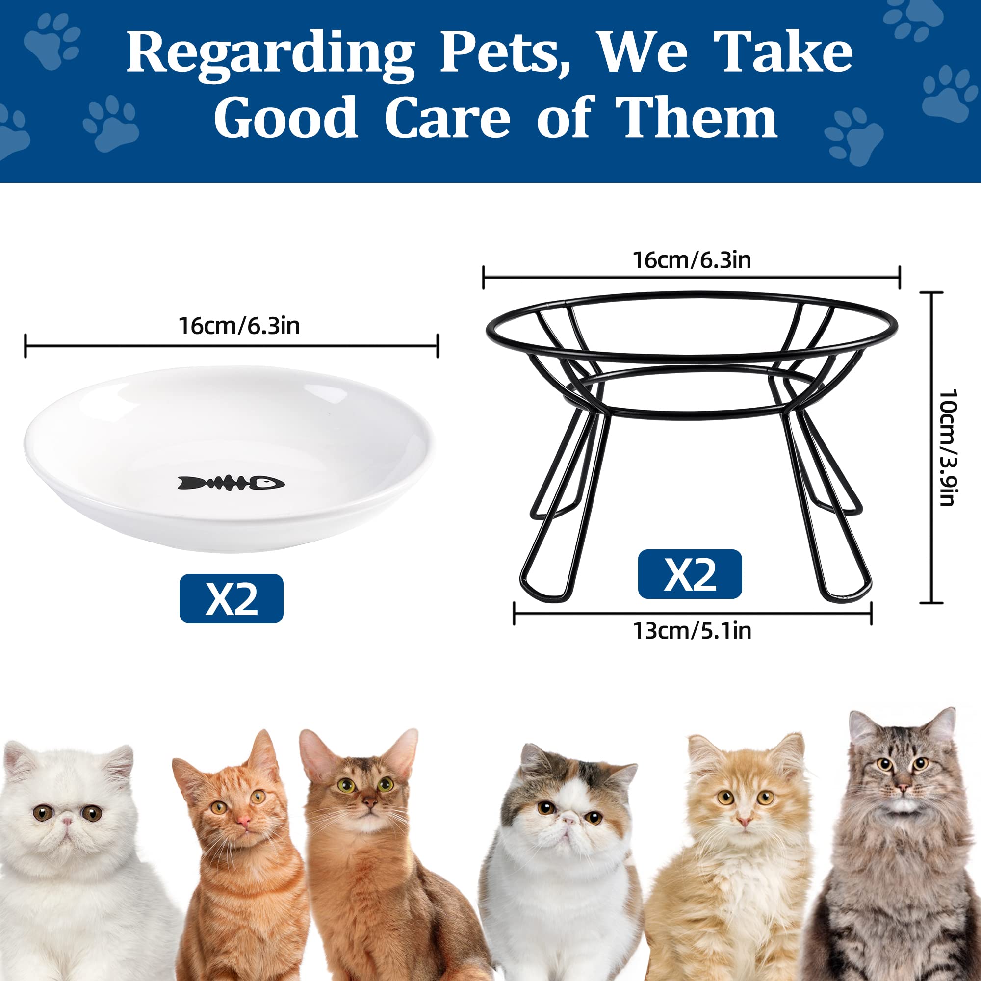 Wellbro Cat Bowls, Elevated Cat Bowl, Raised Ceramic Cat Dish with Metal Stand, Pet Water or Food Feeding Station for Indoor Cats, Kitten, Puppies and Small Dogs(2 Pack)