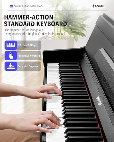 Miniatura 2 de Donner DDP-90 Piano digital con peso de 88 teclas con banco de 2.4 pulgadas, teclado de piano eléctrico para principiantes con cubierta, tres
