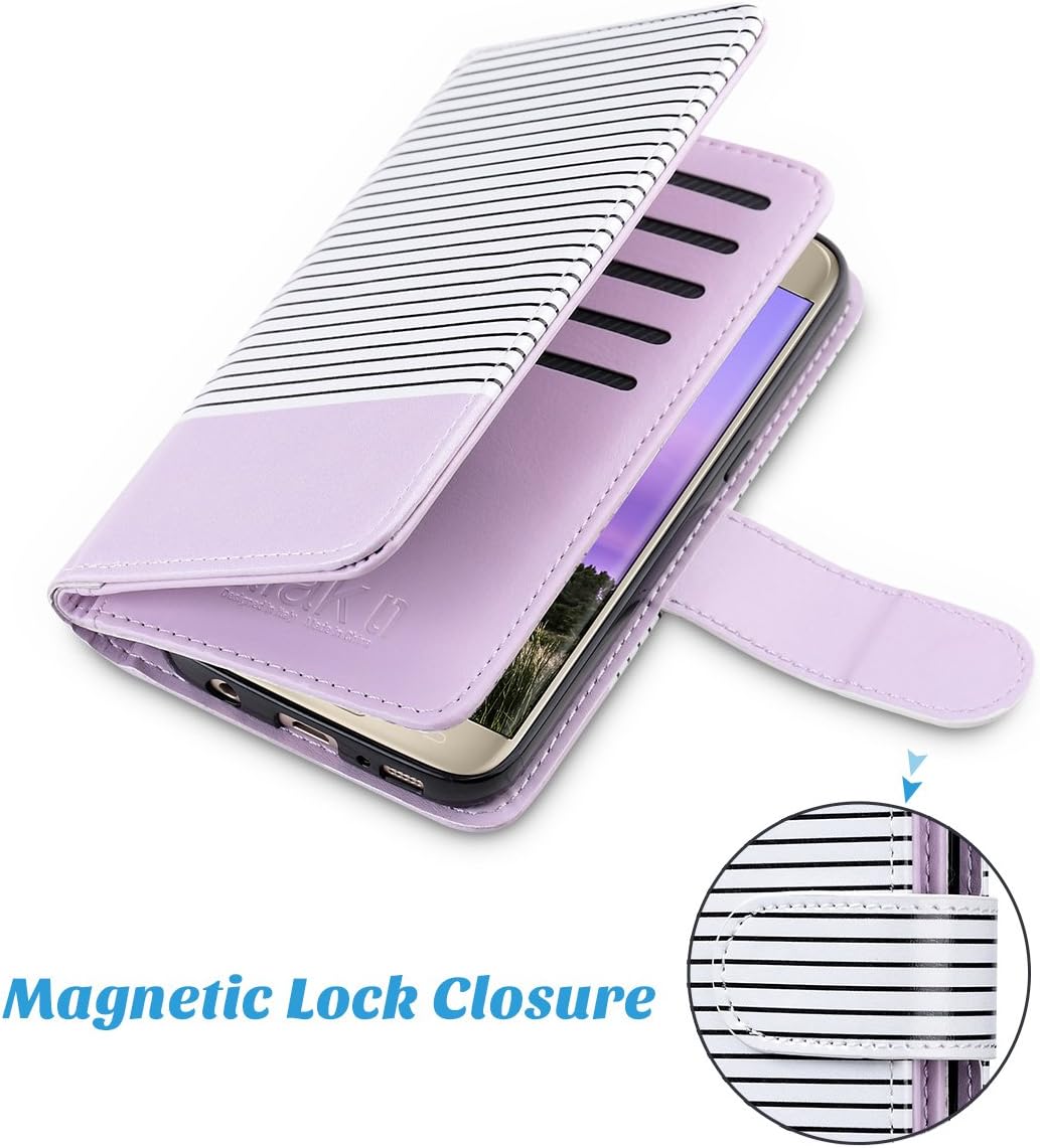 ULAK Galaxy S7 Wallet Case, Magnetic Premium PU Leather Flip Stand Folio Cover with Built-in 9 Slots and Wrist Strap for Samsung Galaxy S7 (5.1 inch) (Minimal Stripes Lavender) Will not Fit S7 Edge