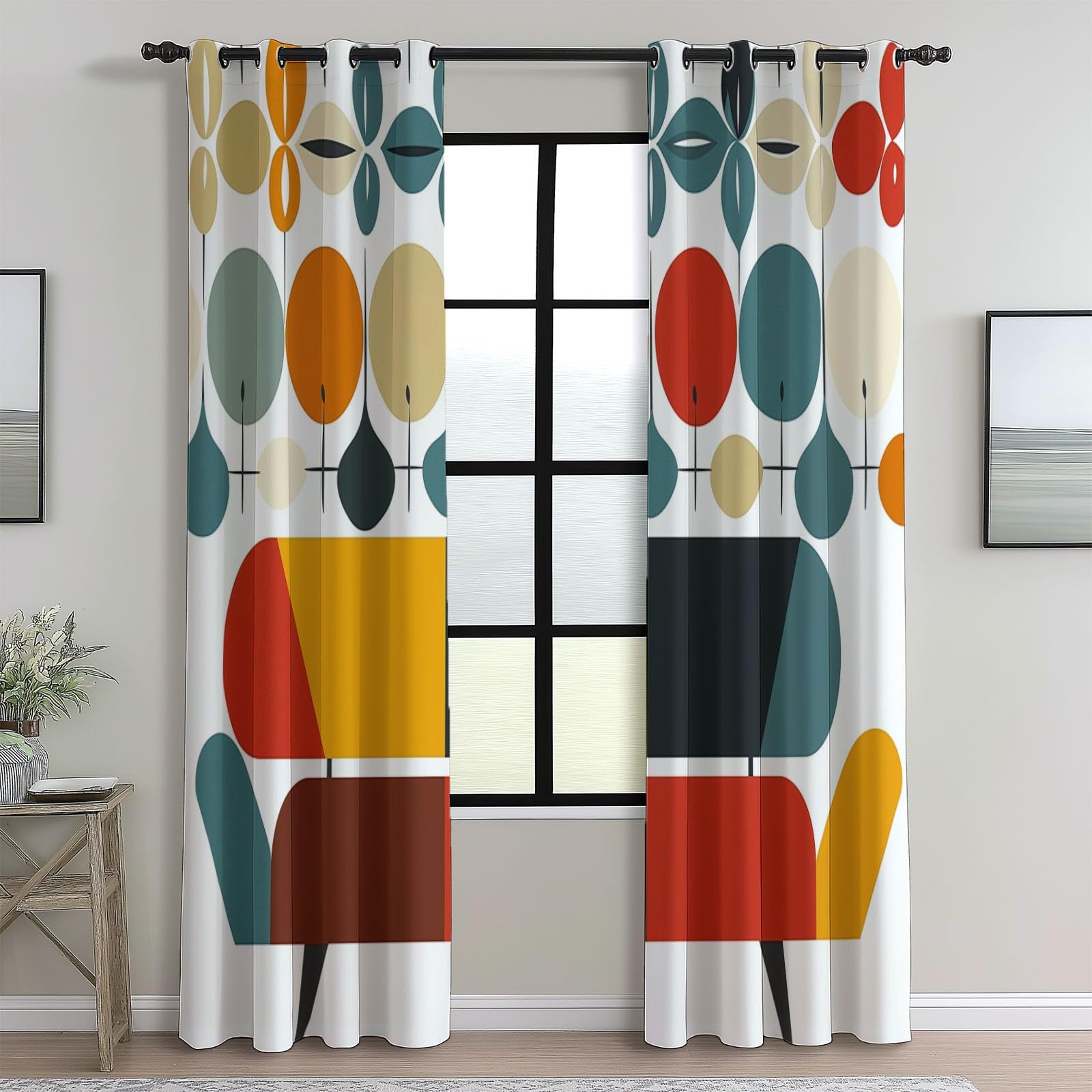 Rideaux Occultants Isolants Anti-Froid 91.5L X 160H cm (2 Panneaux), Design Géométrie Rétro, Tenture à Œillets Opaque pour Salon et Chambre, Coloré