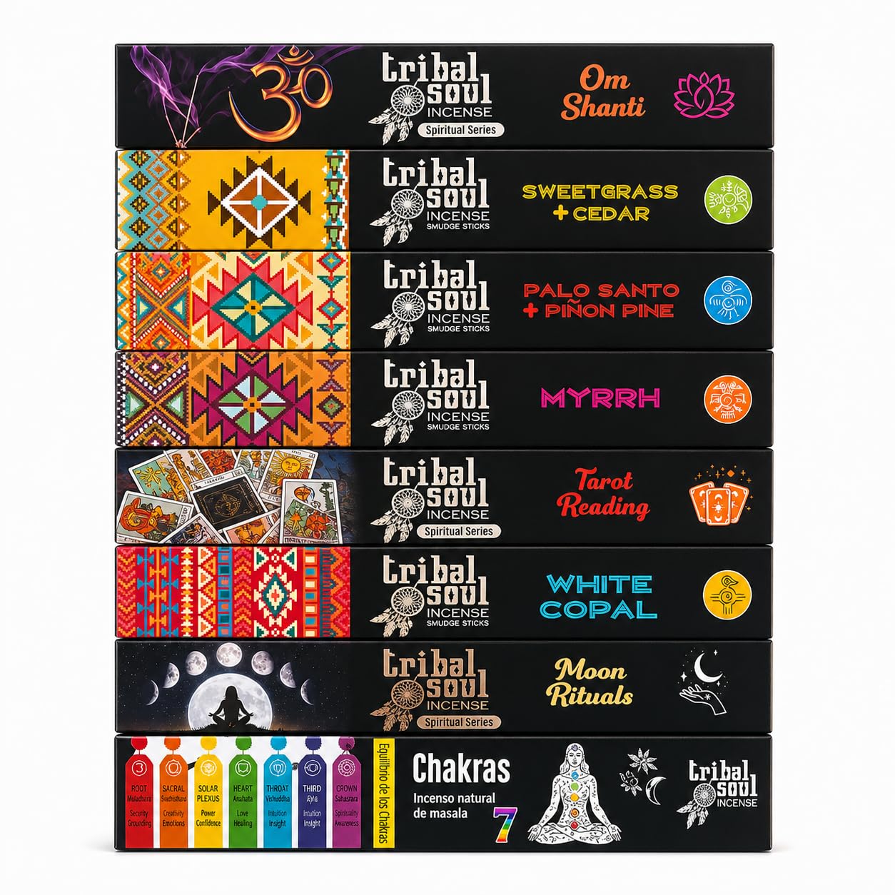 Tribal Soul Incense Sticks Gift Set, 8 Pack, Om Shanti, Myrrh, Chakras, Palo Santo, Moon Rituals, with Wooden Ash Catcher, for Meditation