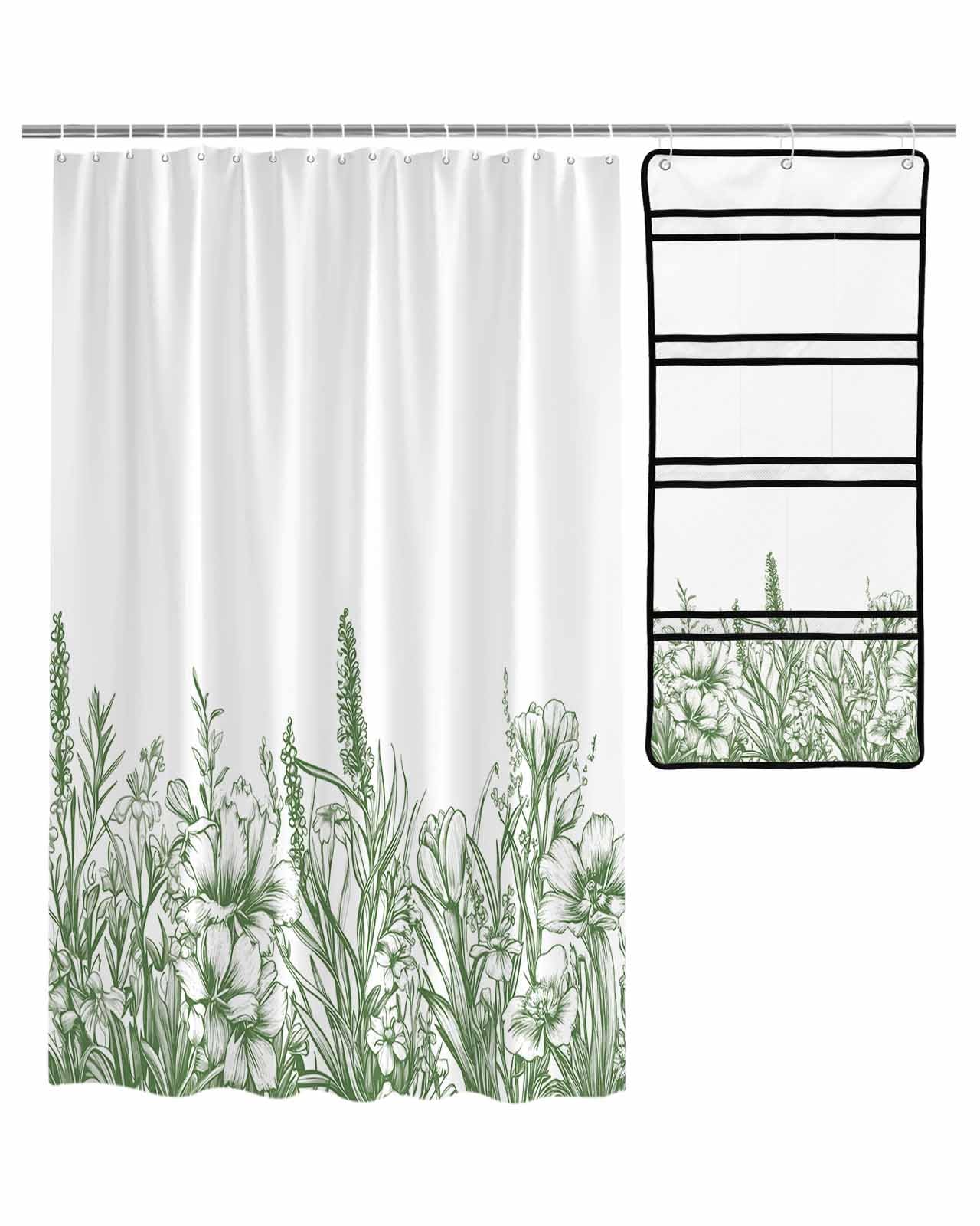 ZFUNCING Shower Curtain Mesh Shower Organizer Set Sketch Plant Leaf Garden Floral Waterproof Bath Curtains Hanging Shower Caddy