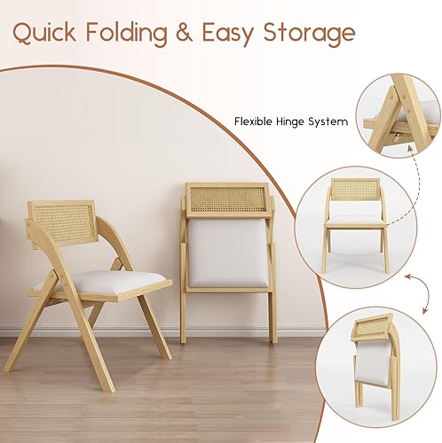 Miniatura 4 de Juego de 2 sillas de comedor plegables color beige, sillas de comedor plegables de madera, modernas sillas de comedor de ratán de cuero de mediados
