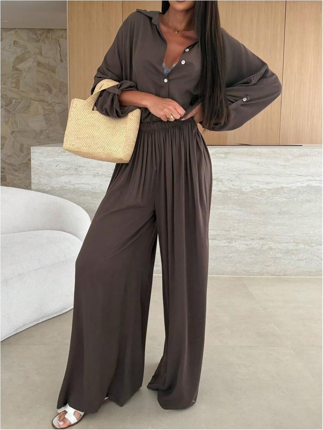 Verdusa Women's 2 Piece Sets Collared Button Up Shirts with Wide Leg Pants image 4