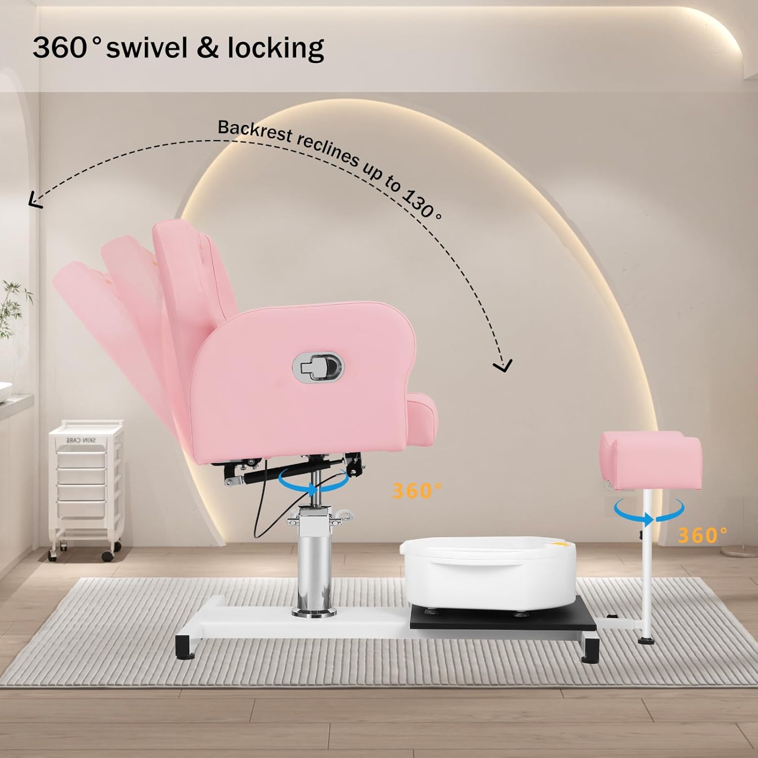No Plumbing Pedicure Station,Height Adjustable Hydraulic Pedicure Chair for Nail Tech,Reclining Manicure Chair with Adjustable Headrest&Massage Basin,Foot Spa Chair for Spa,Home,Salon