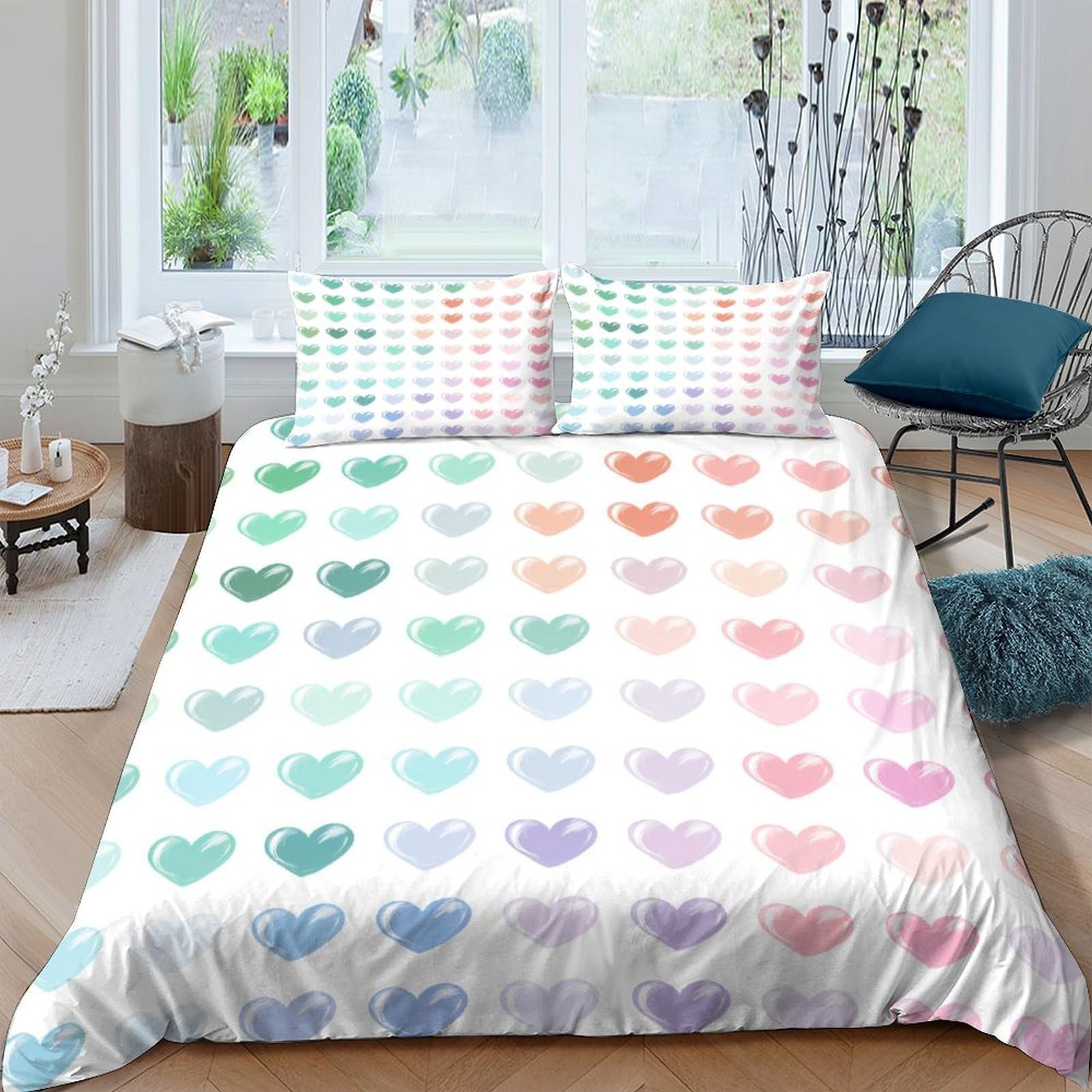 Ctjqhvkz Style-7 3D Printed Rainbow Heart Fitted Sheet Microfiber Soft Pastel Ombre Bed Cover For Bedroom Guest Room Decor Single（135X200cm）