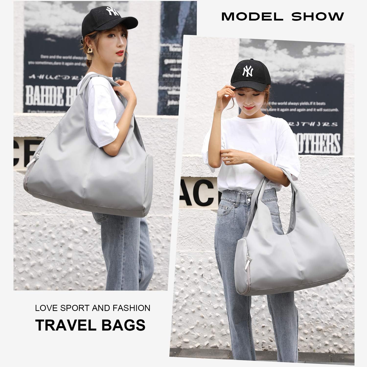 BlesMaller Carry On Travel Duffle Bag Packable Luggage Travelling Gear Sports Gym Bags Lightweight Tote Shoulder Pack(Grey) - Image 4