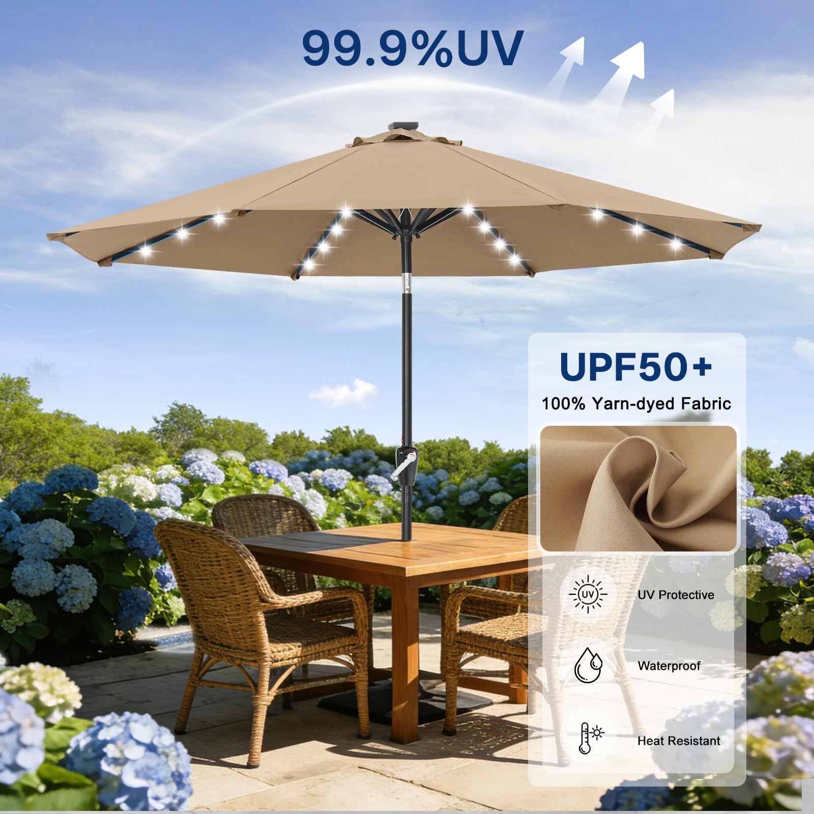 ABCCANOPY Solar Led Patio Umbrella with 32 Lights 11FT(Khaki)