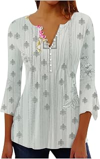 BFTHWY Three Quarter Sleeve Tunic Ladies Summer Outdoor Soft A-Line Hawaiia Slim V Neck Printing Button-Down Tunic Ladies