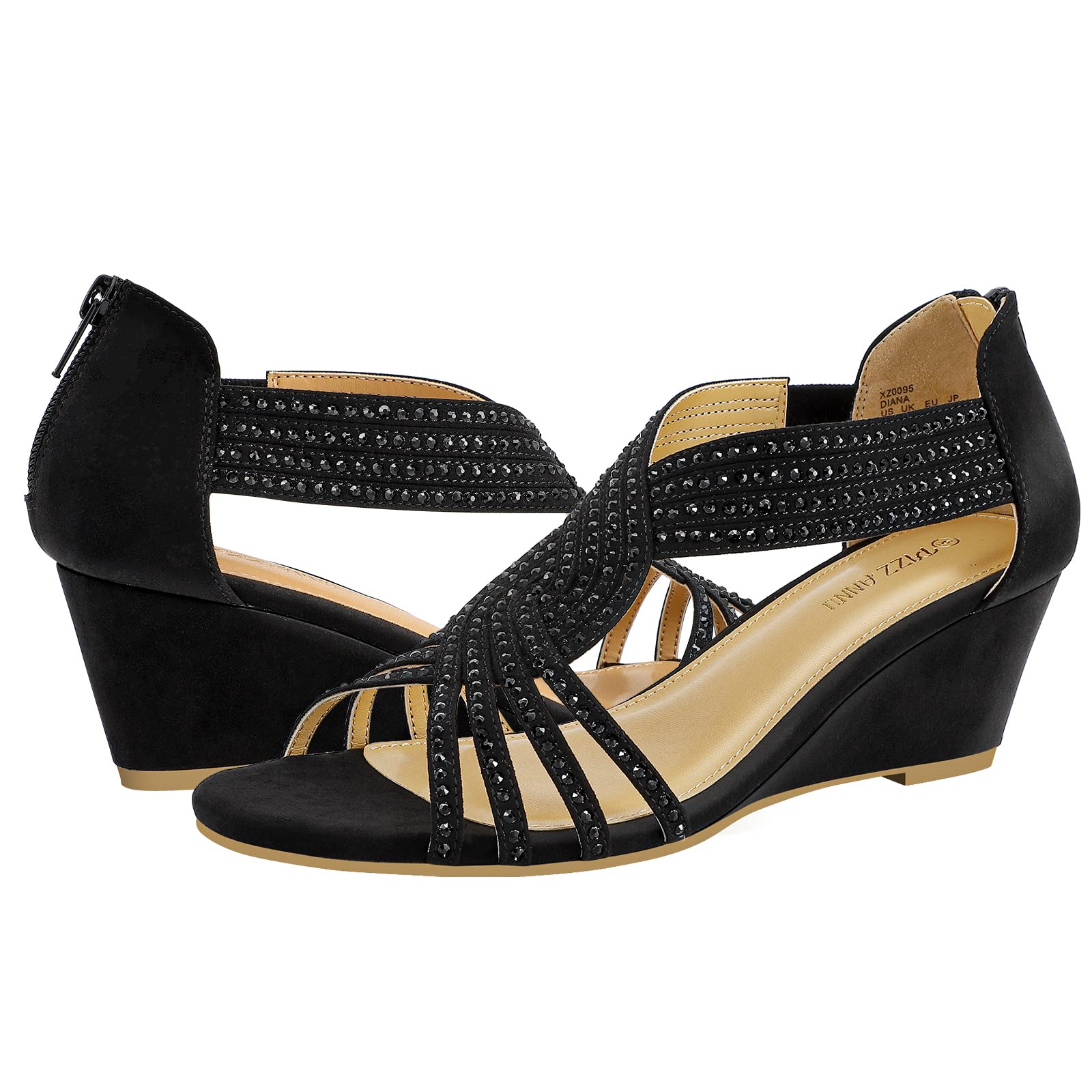 PIZZ ANNU Sandalen Damen Glitzer Strass Sandaletten mit Keilabsatz Reißverschluss Plateau Sommer Frauen Schuhe Keilsandalen Elegant Bequem Sommerschuhe