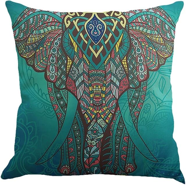 Hankyky Throw Pillow Case Mandala Linen Pillowcase Square Elephant Printed Cushion Cover for Living Room Sofa Couch Bed Car with Invisible Zipper, 18 x 18 inch/45 x 45cm