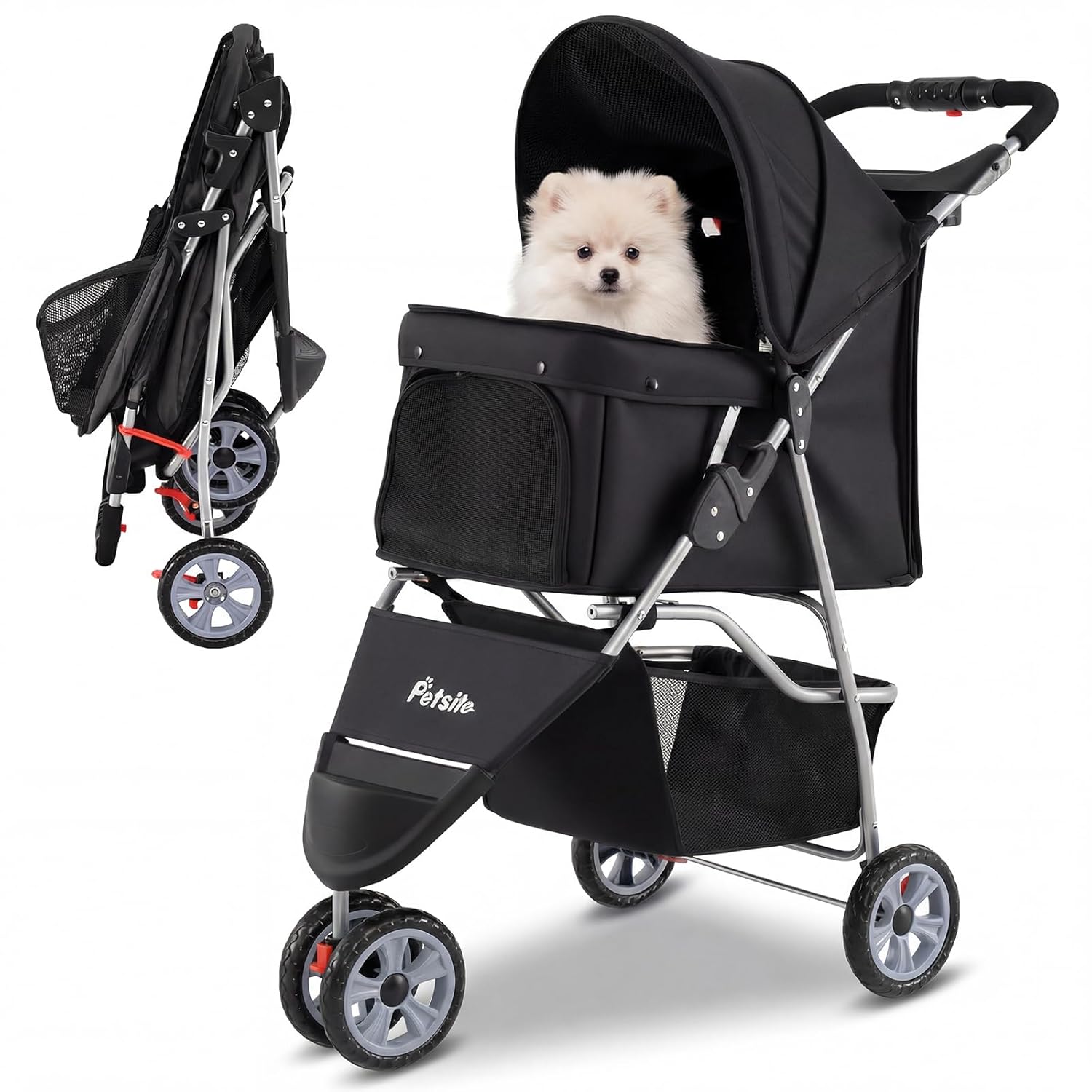 PETSITE 3-Wheel Pet Stroller, Foldable Dog Strollers for Small Dogs with Breathable Mesh, Waterproof Cover, All-Terrain Wheels, Cup Holder, and Storage Basket, Ideal for Dogs Cats up to 33 lbs (Black)