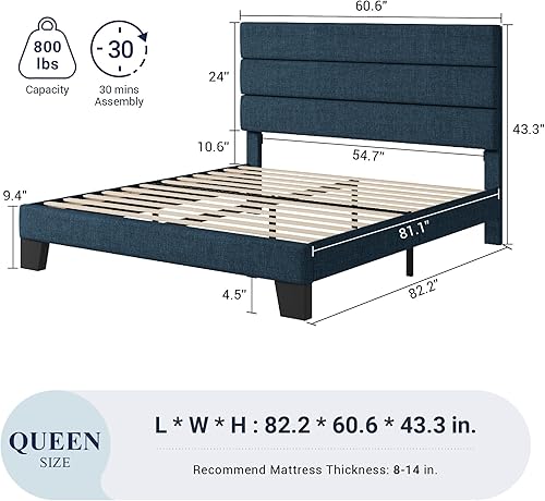 Miniatura 2 de Allewie - Base de cama de plataforma matrimonial con cabecera tapizada de tela y soporte de listones de madera, base de colchón totalmente tapizada,