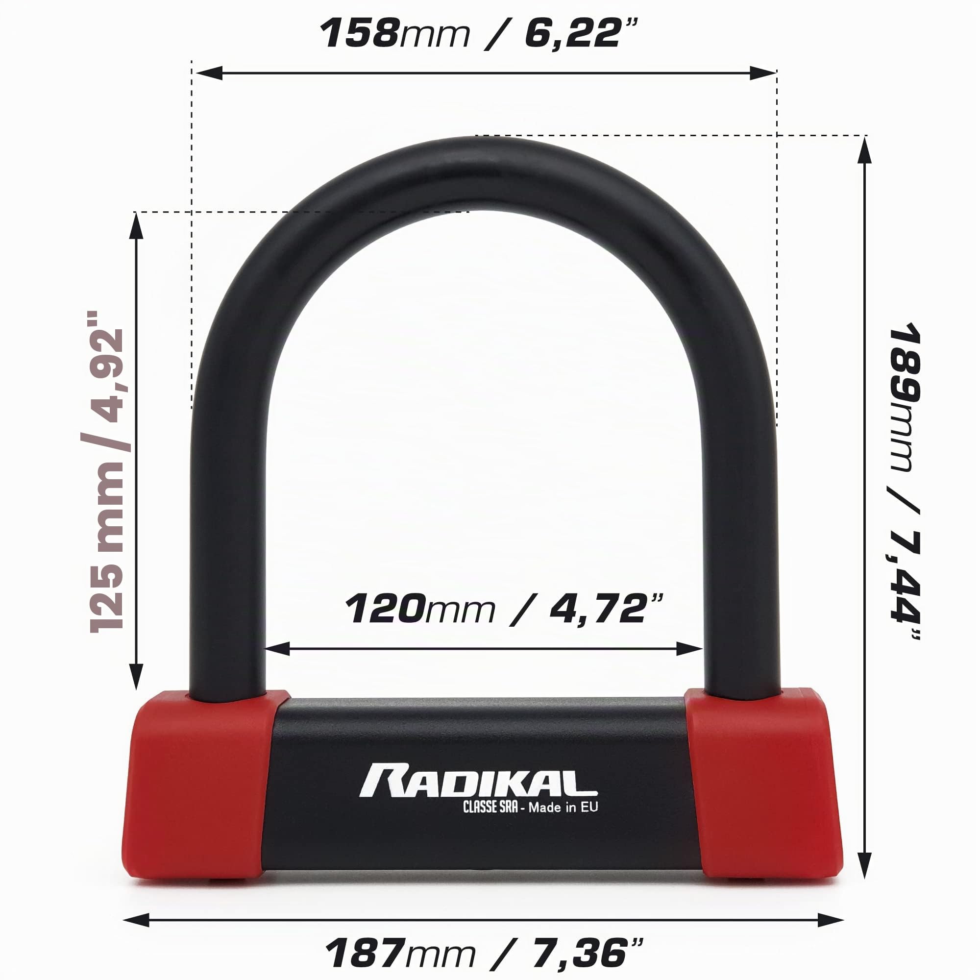 RADIKAL RK120125 Lucchetto a U Premium Omologato SRA, 120x125mm, Blocco Ceppo Ruota, Arco ø18mm Acciaio Cementato Rivestito a Doppio Chiusura, Serratura Antifurto U Lock Moto Scooter