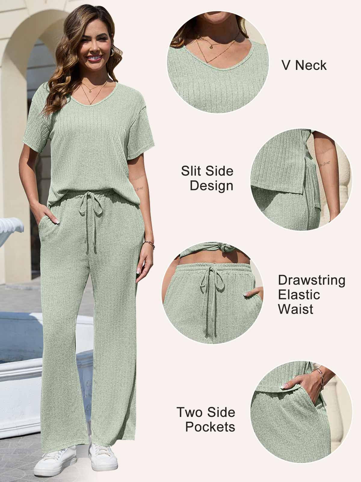 CheChury Ensemble Femme Pantalon et Haut Fluide 2 Pièces Manches Courtes Top Pantalon avec Poches Ensemble Deux Pièces Loungewear Casual Outfit Été Automne Survêtement Suit