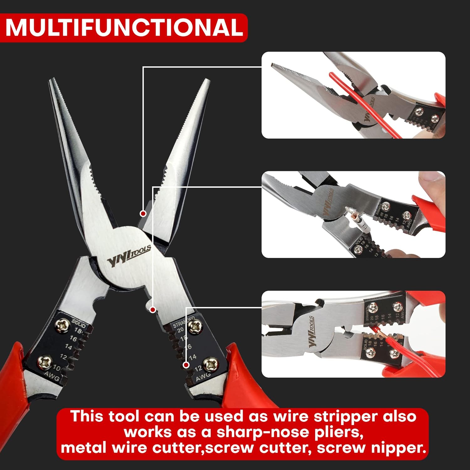 YIYITOOLS - HX-1-003 Needle Nose Pliers with Wire Stripper/Crimper/Cutter Function Multitool, Big Heavy Duty Side Cutting Long Nose Plier, 9 inch