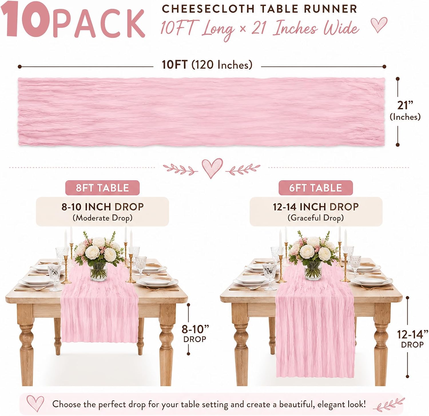 10 Pack Pink Table Runner 10FT Gauze Cheesecloth Table Runner | 21x120 Inch Boho Gauze Sheer Rustic Cheese Cloth Table Runners for Wedding Party Baby Shower Birthday Holiday Home Decor