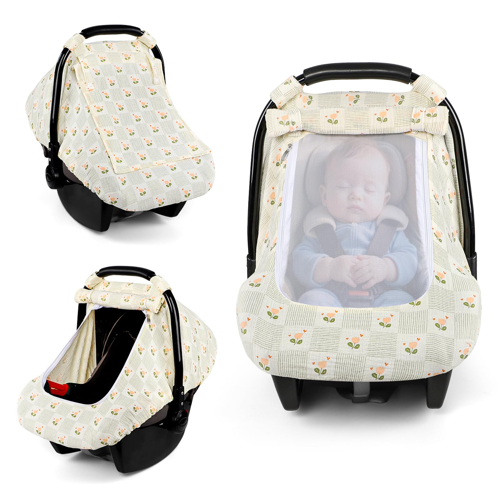 Car Seat Cover Baby, HNHUAMING Muslin Cotton Carseat Covers for Babies Girls Boys Summer Infant Car Seat Covers Canopy, Cozy Newborn Carseat Covers