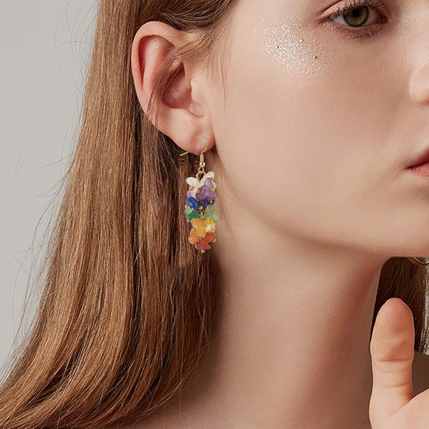 Ornaland Natural Reiki Healing Mixed Stone Hook Earrings Chip Beads Dangle Earrings for Women, Golden, Pin: 0.5mm - Image 3