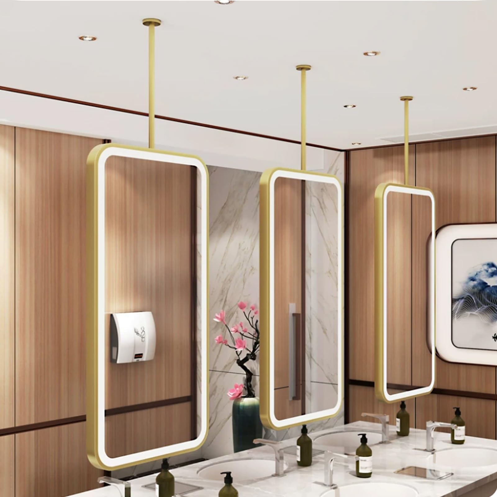 FGXHHS Modern LED Rectangle ｜Floating Hanging Rod Mirror Wall Mounted Multifunction Vanity Mirrors｜Gold Creative Decorative Glass Mirrors｜Customizable(40cmx60cm)