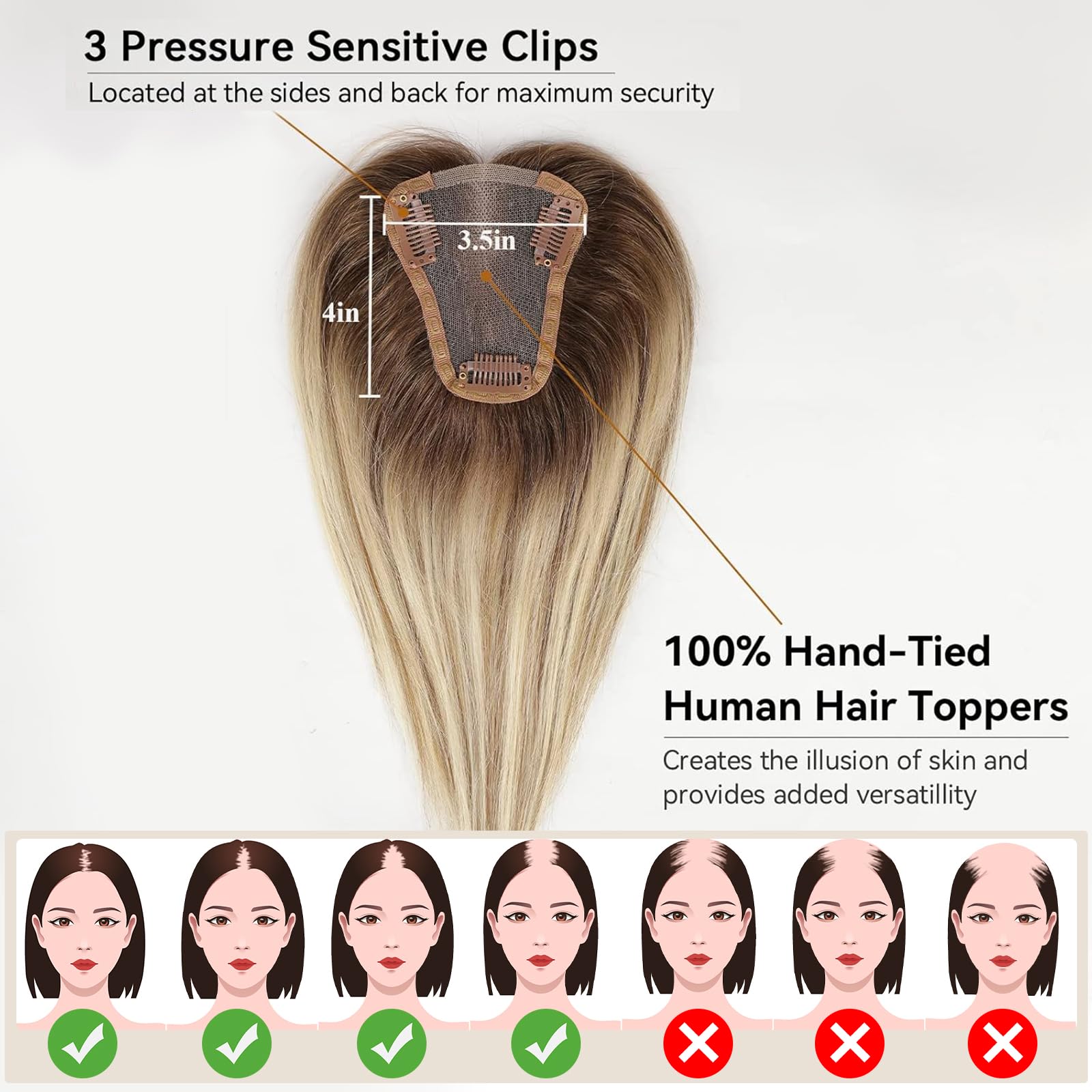 HAIRCUBE Remy menschliche Haar Toppers für Frauen, 100% 3.5in * 4in Hand-Tied Haar Toppers mit Schweizer Spitzenbasis 12in
