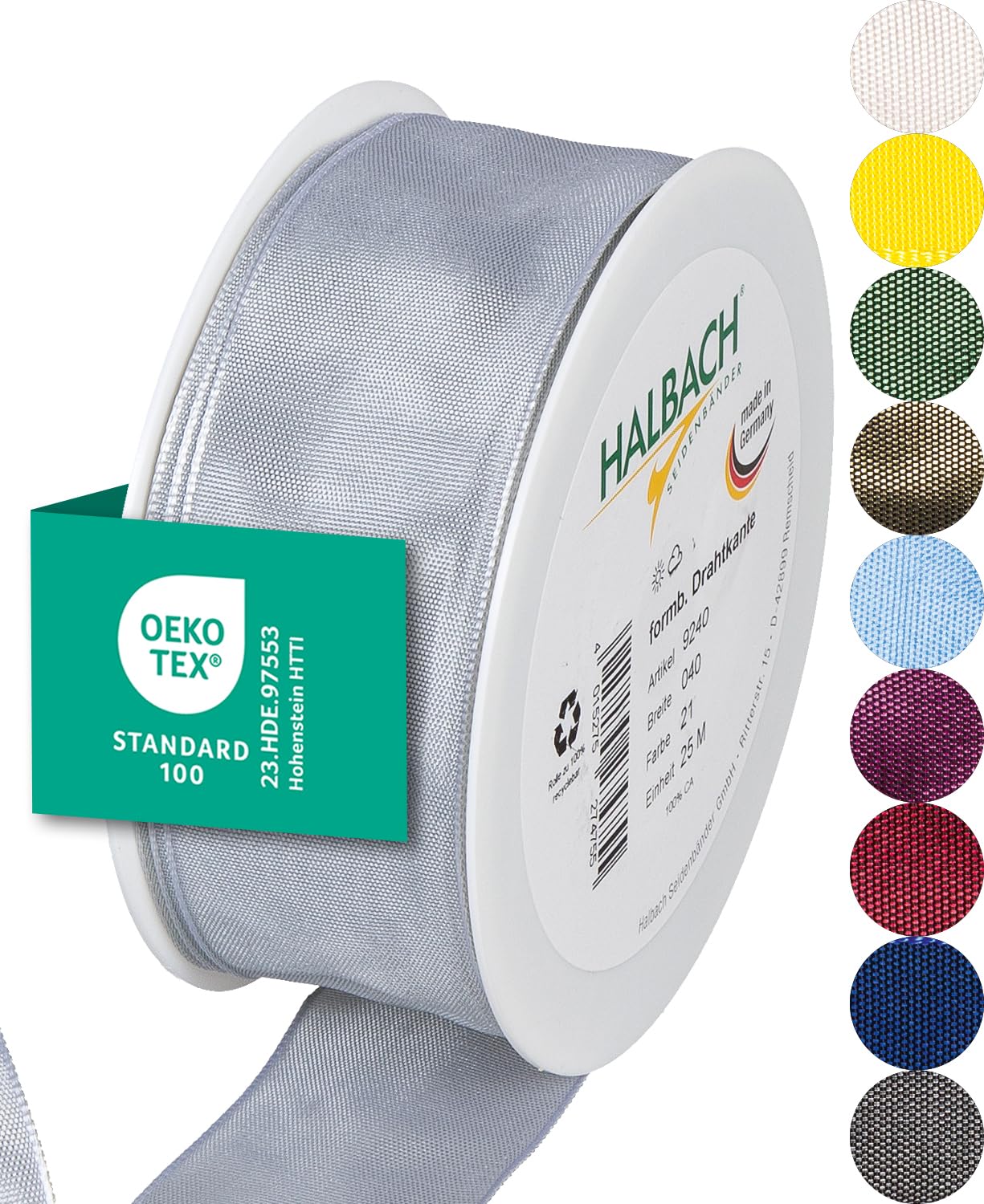 Halbach Seidenbänder Premium Geschenkband mit Drahtkante | Breite 40mm Länge 25m | Öko-Tex 100 zertifiziertes Schleifenband | Taftband Made in Germany, Farbe: hellgrau