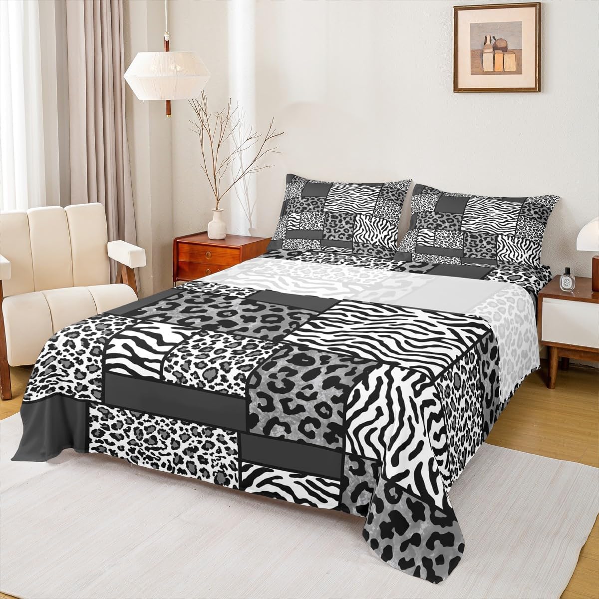 Erosebridal Purple Leopard Bed Sheets Set Cheetah Print King Size Sheet Sets, Wild Animal Fur Sheets Wildlife Bed Set, Purple Gradient Ombre Flat Sheet Abstract Artwork Room Decor