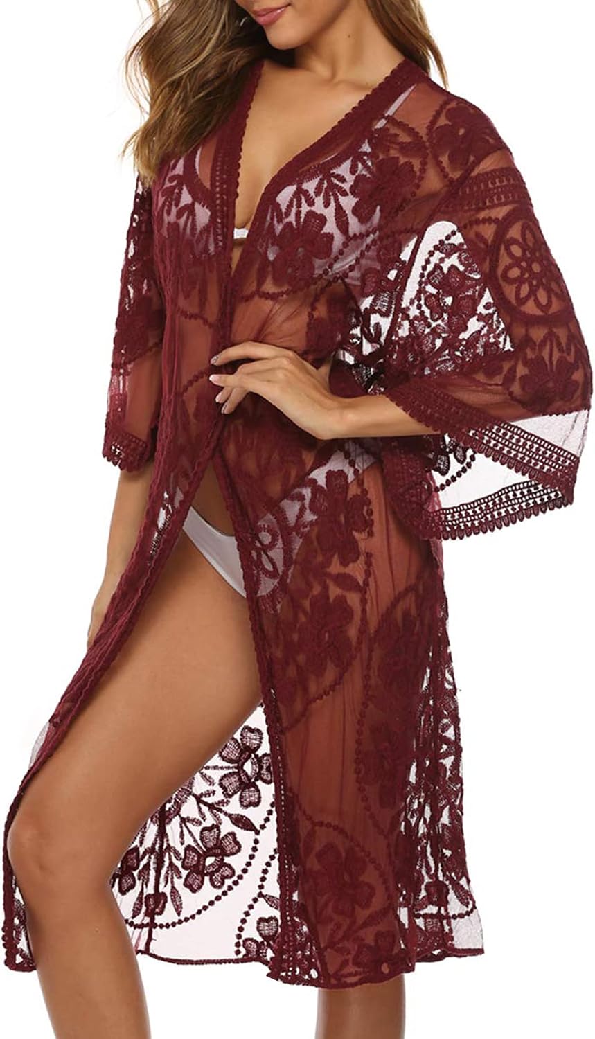 Women's Lace Cardigan Floral Crochet Sheer Beach Cover Ups Long Open Kimono
