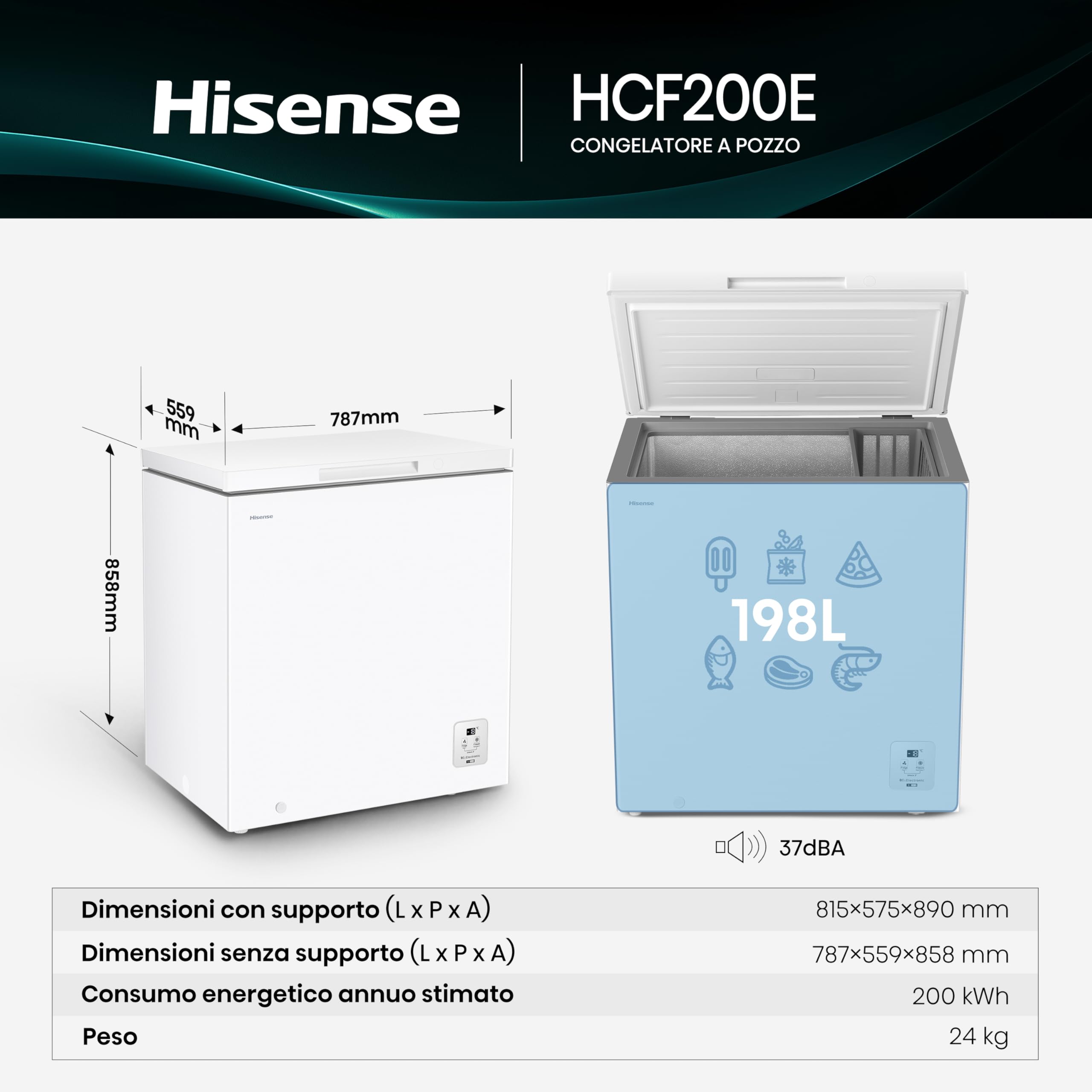 Hisense HCF200E NUOVO Congelatore 198 litri, Display Led, 40 db, Classe E, Bianco