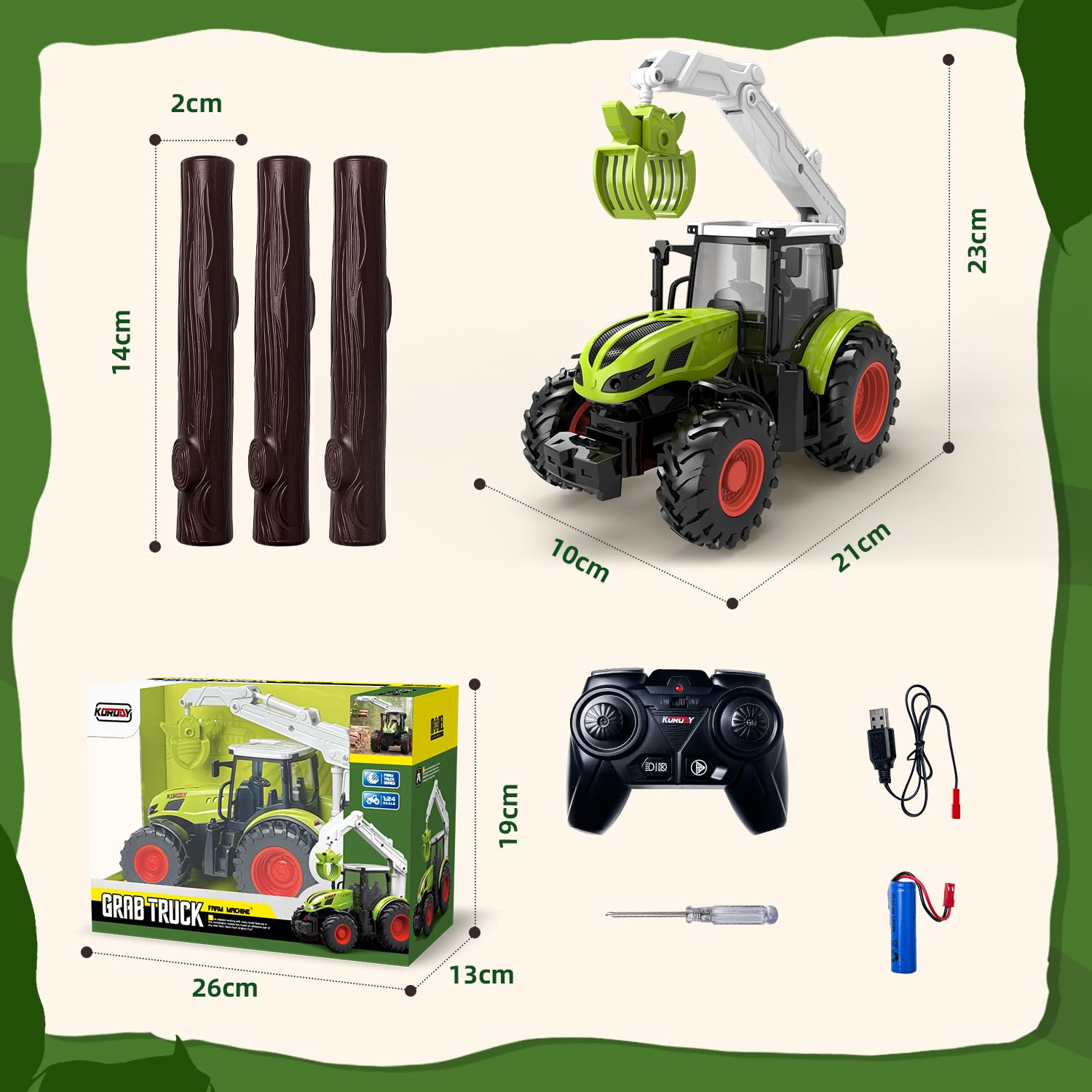 Zabawka traktorowa, zdalnie sterowany traktor, zdalnie sterowany traktor, dla dzieci od 3, 4, 5, 6 lat, zabawka dla dzieci, zielona zabawka ze światłem, drewniany chwytak i 3 pnie drzew, zdalnie