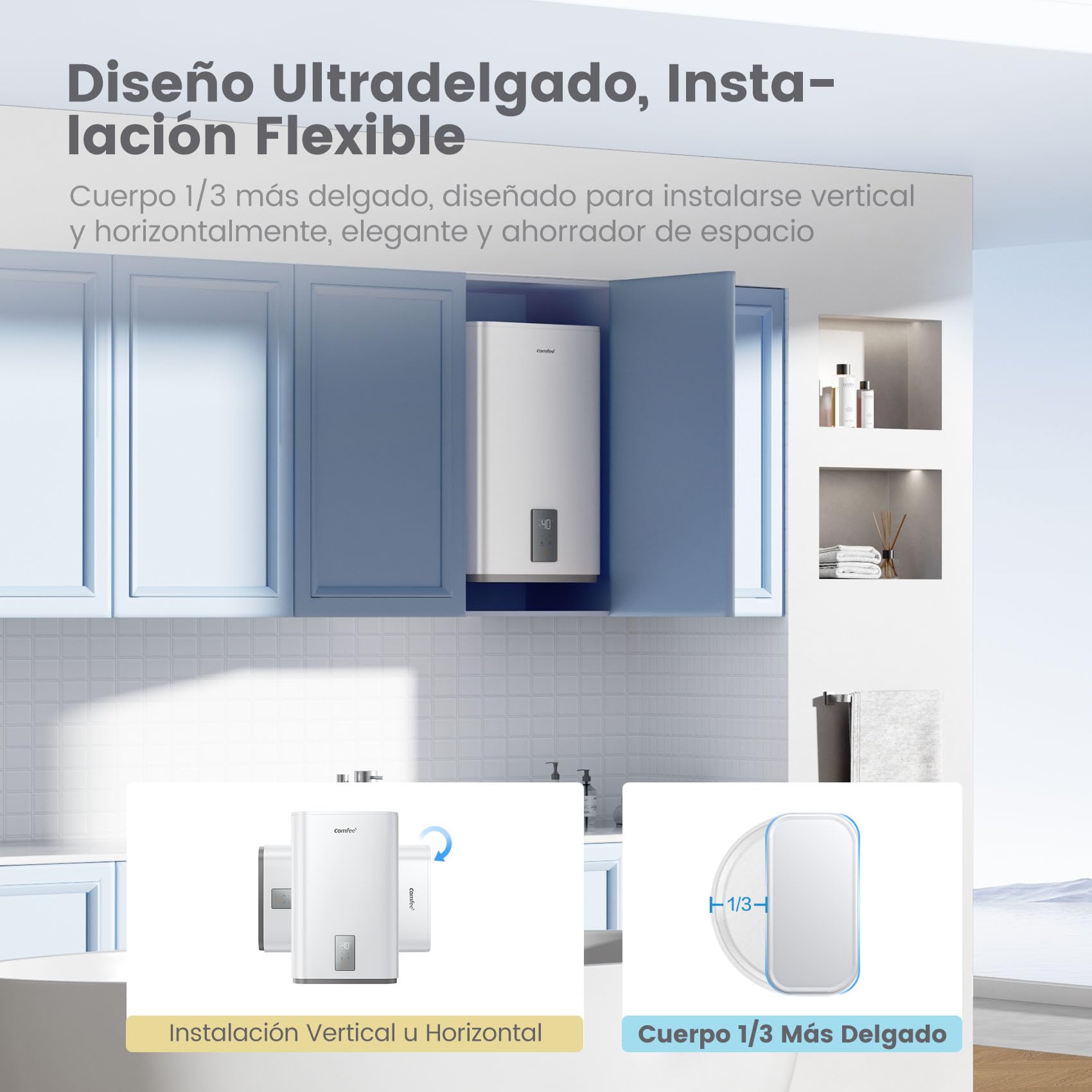COMFEE' CWH15ED1350EUW Calentador de Agua Eléctrico, Doble Tanque, 47L | Control por App, Instalación Vertical u Horizontal, Ultradelgado, Antibacteriano Ag+, Doble Depósito, Inteligente, Blanco