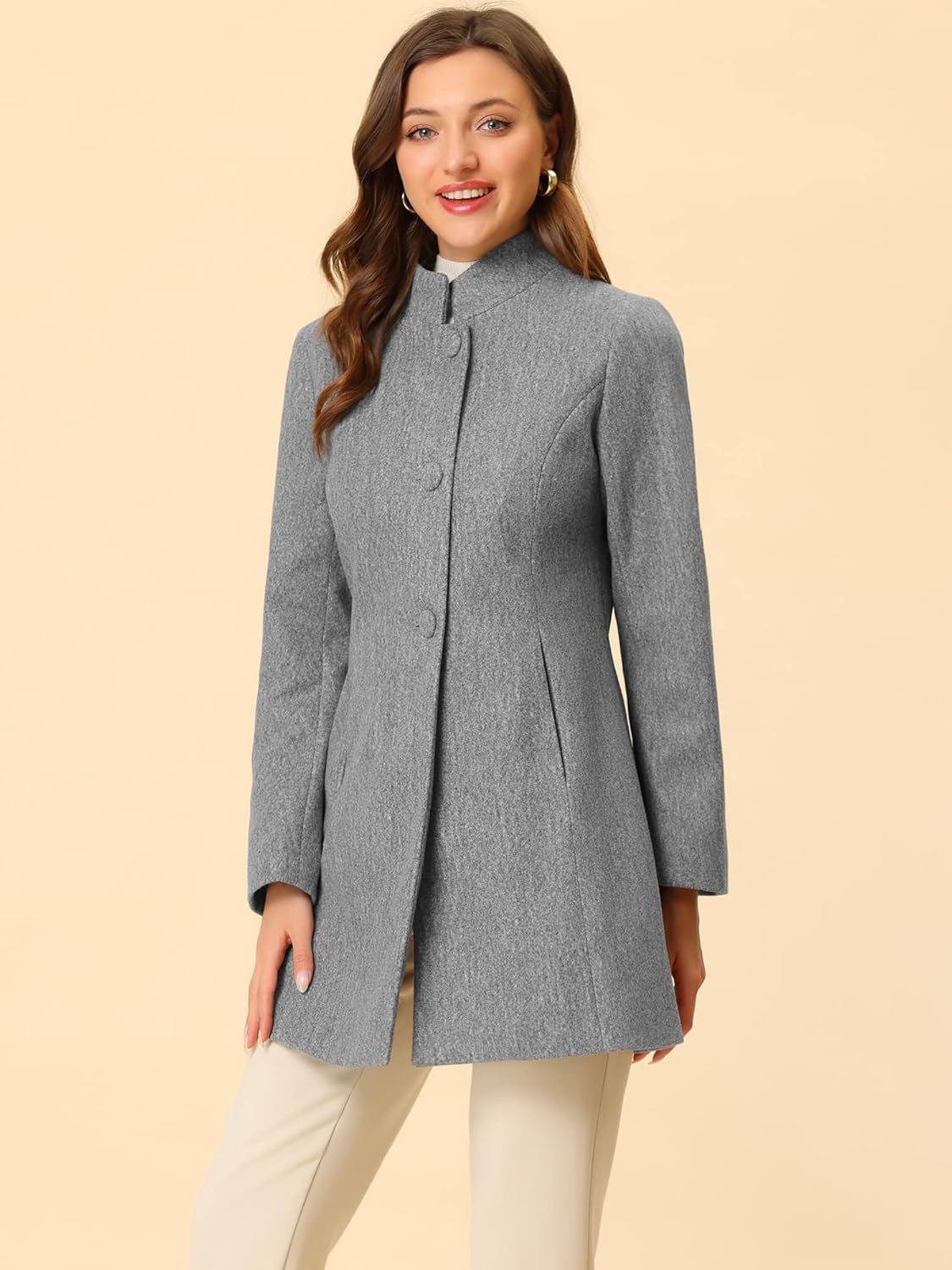 Allegra K Women's Winter Overcoat Mid-Long Stand Collar Single Breasted Coat Outerwear - Image 3