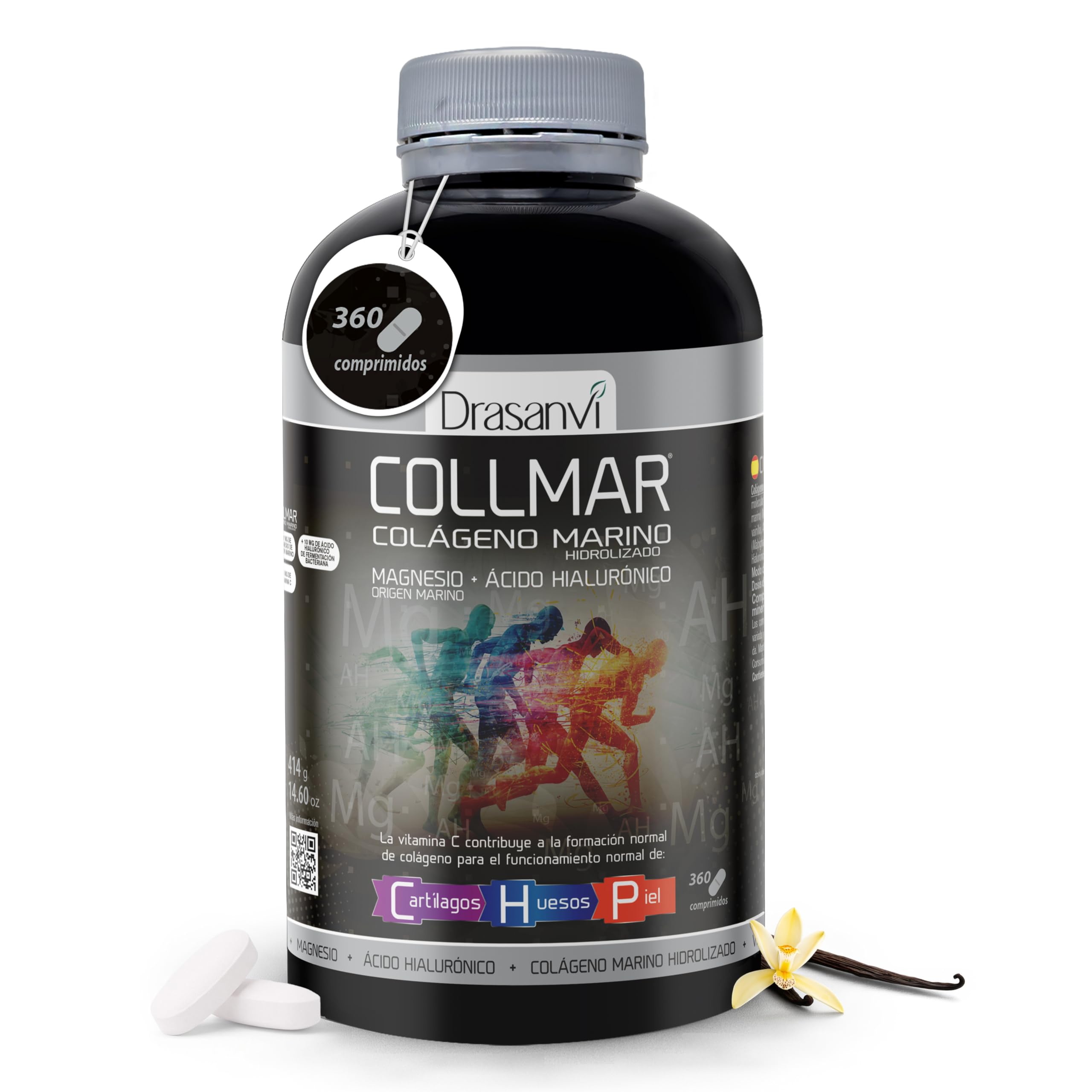 DRASANVI | COLLMAR Colágeno Marino Hidrolizado con Ácido Hialurónico, Magnesio, Vitamina C natural | para cartílagos, huesos y piel | Alta dosis 3.900 mg/día | 360 comp = 60 días | Sabor Vainilla