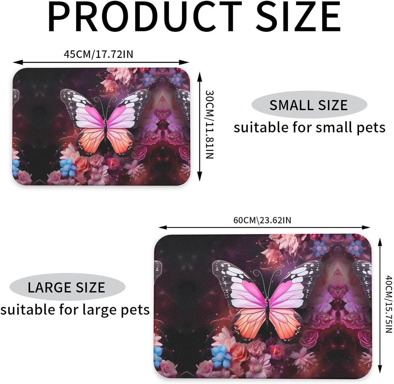 40x60cm Butterflies and Flowers Print Pet Absorbent Feeding Mat - Quick Dry Food Pad/Leather Placemat, for Dog Cat Food Bowl Water