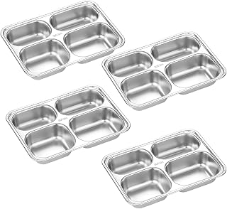 4 Pcs Stainless Steel Divided Food Containers, 4-Compartment Snack Boxes, 9.4 X 6.7 X 1.5 In, Reusable Meal Prep Lunch Boxes, 24 X 17 X 3.8 Cm