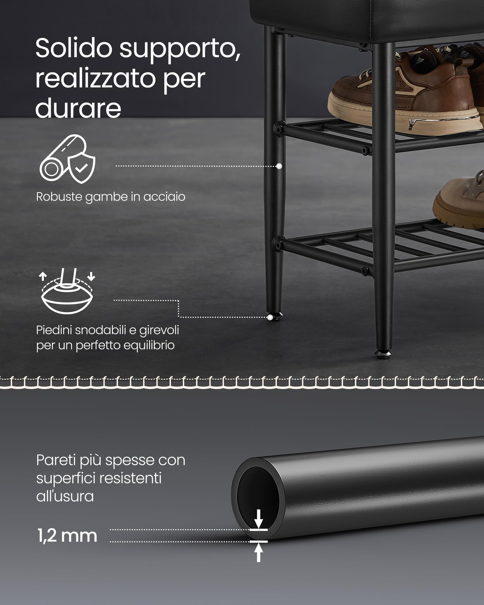 VASAGLE EKHO Collezione - Panca Scarpiera, Panca da Ingresso e Camera da Letto, Rivestimento in PU con Cuciture, Moderno di MetàSecolo, Portata 135 kg, 30 x 80 x 50 cm, Nero Inchiostro LSB054B01