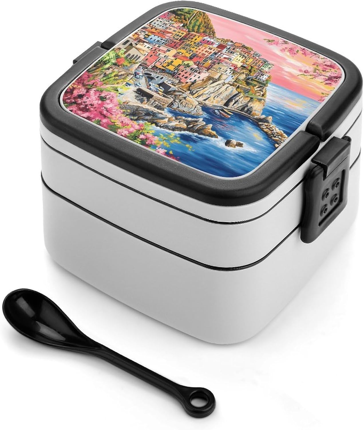 View of Manarola Bento Box with Spoon 2 Layer Food Container Cute Lunch Box for Travel Dining Work
