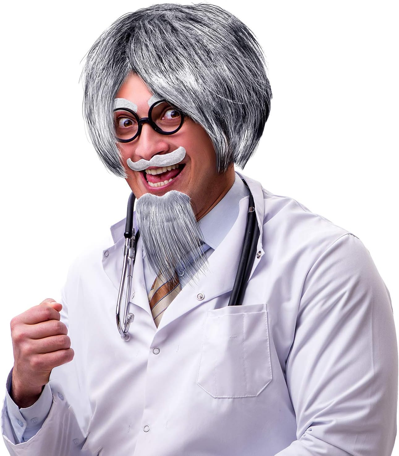 WILLBOND Old Man Cosplay Costume Grandpa Wig Set with Glasses, Grey Wig Eyebrows and Mustache for Halloween Cosplay Party