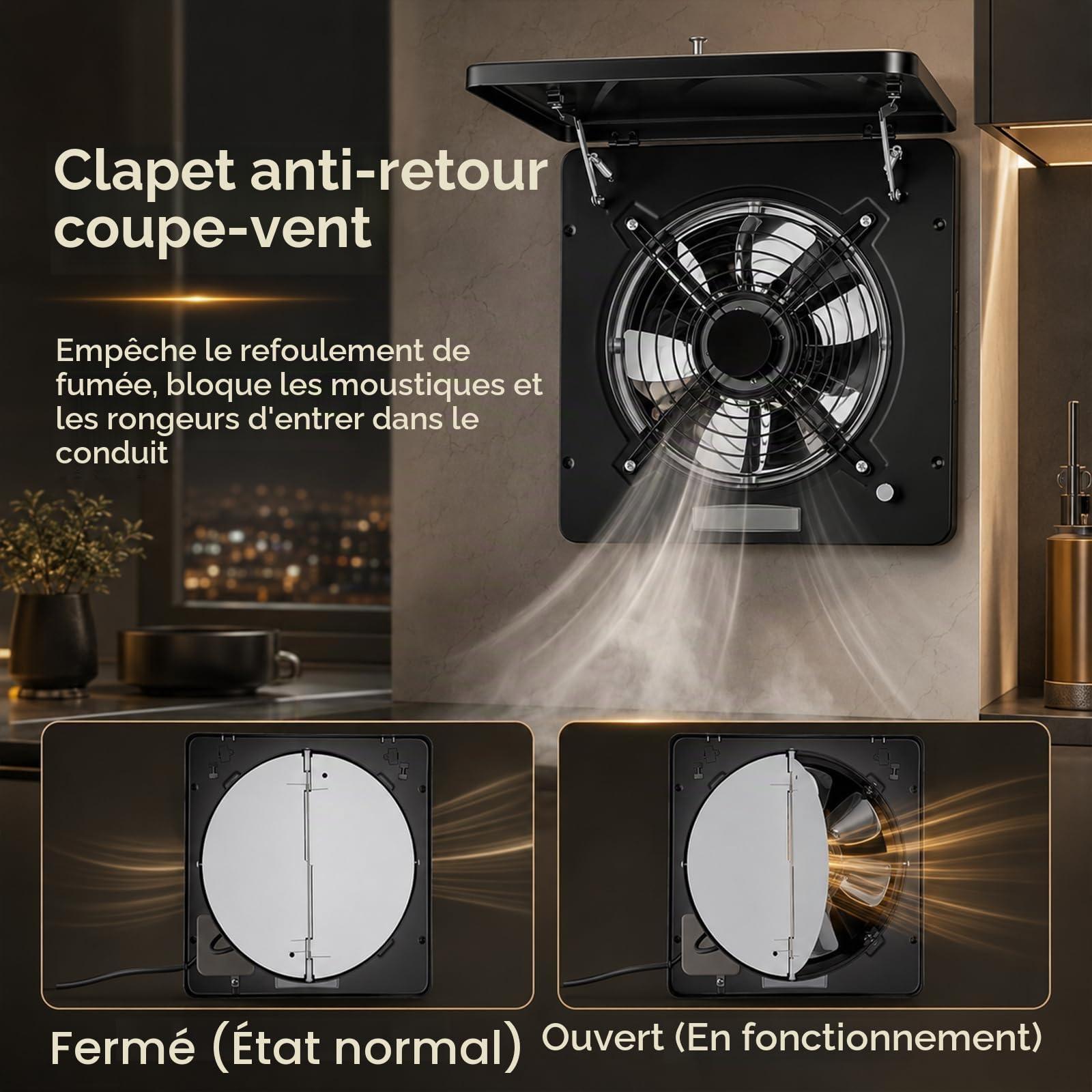 Ventilateur extracteur 250 mm, clapet de retour, régulateur de vitesse, système de collecte automatique d'huile, ventilateur mural silencieux pour salle de bain, cuisine, garage, cave, noir