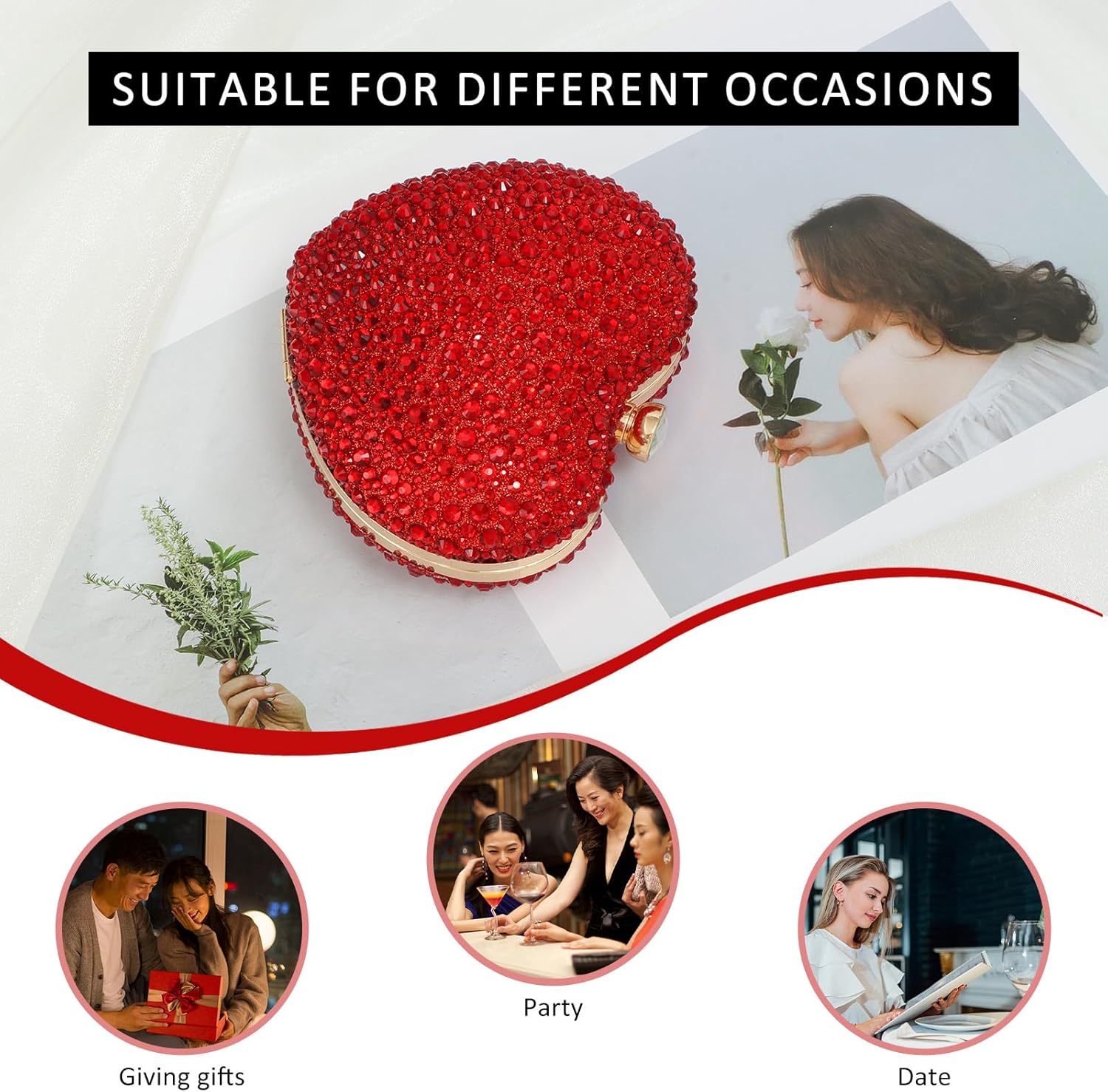 GOKTOW Mini Heart Shaped Purse,Valentines Purses and Handbags,Rhinestone Evening Purse Clutch for Womens