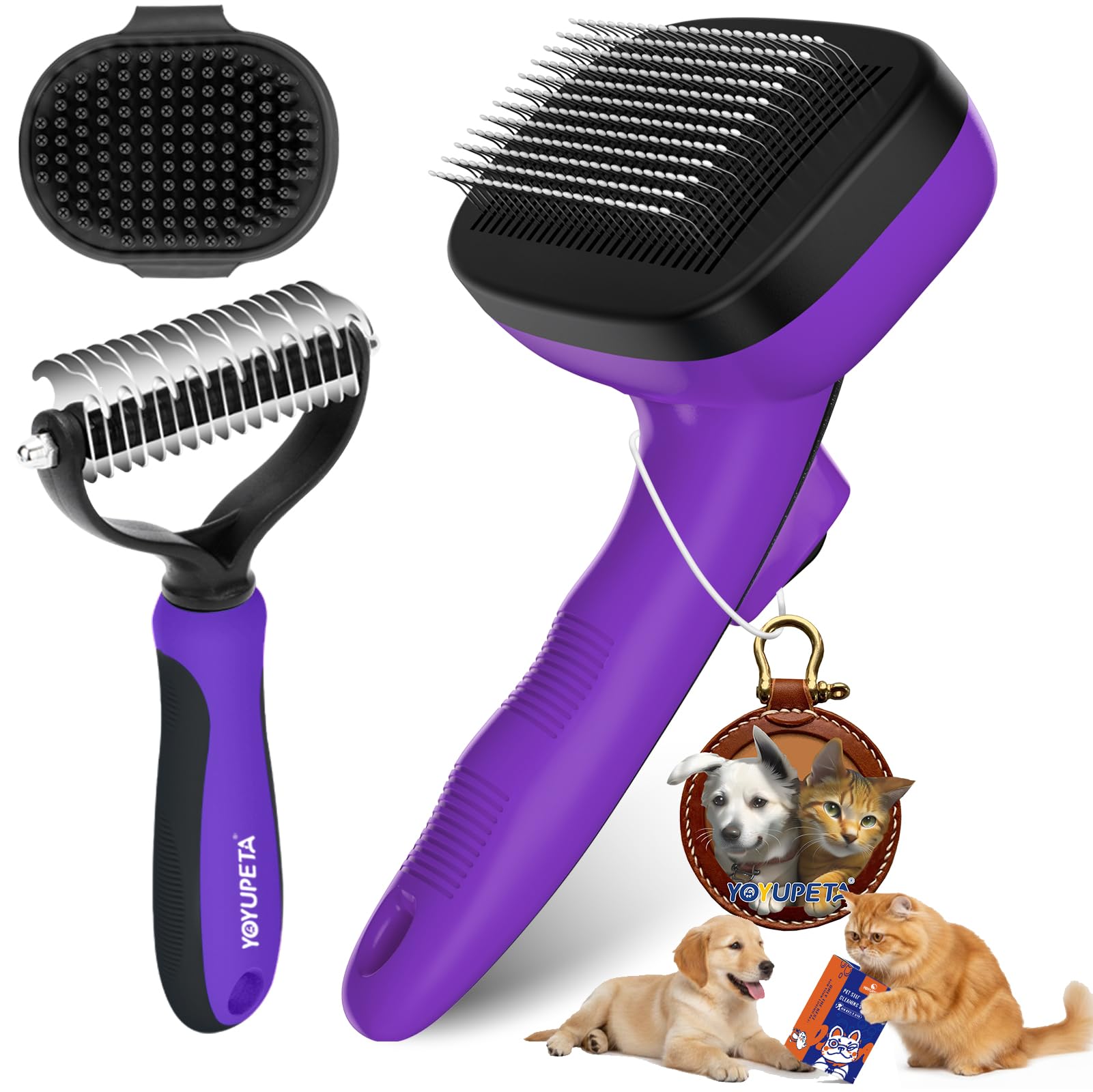 YOYUPETA Dog Brush Kit - Self-Cleaning Slicker Brush with Bath Brush & Undercoat Rake | Deshedding Tools for Large - Small Dogs & Cats, Professional 3