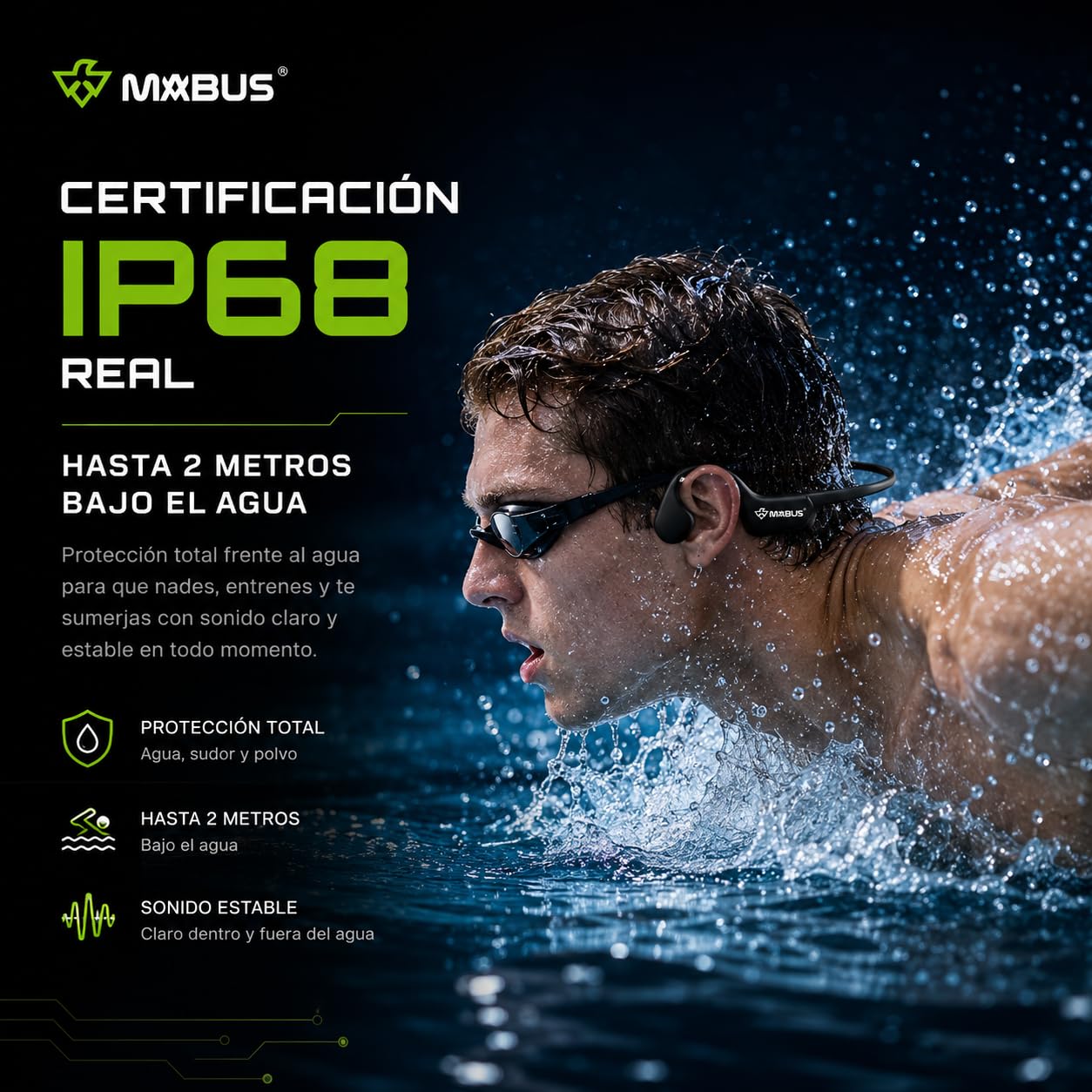 MABUS Cuffie guida ossea sportive IP68 – Bluetooth 5.4, 16 GB memoria interna, subacquee per nuoto, corsa e ciclismo, design Open-Ear, 8,5 ore con ricarica rapida