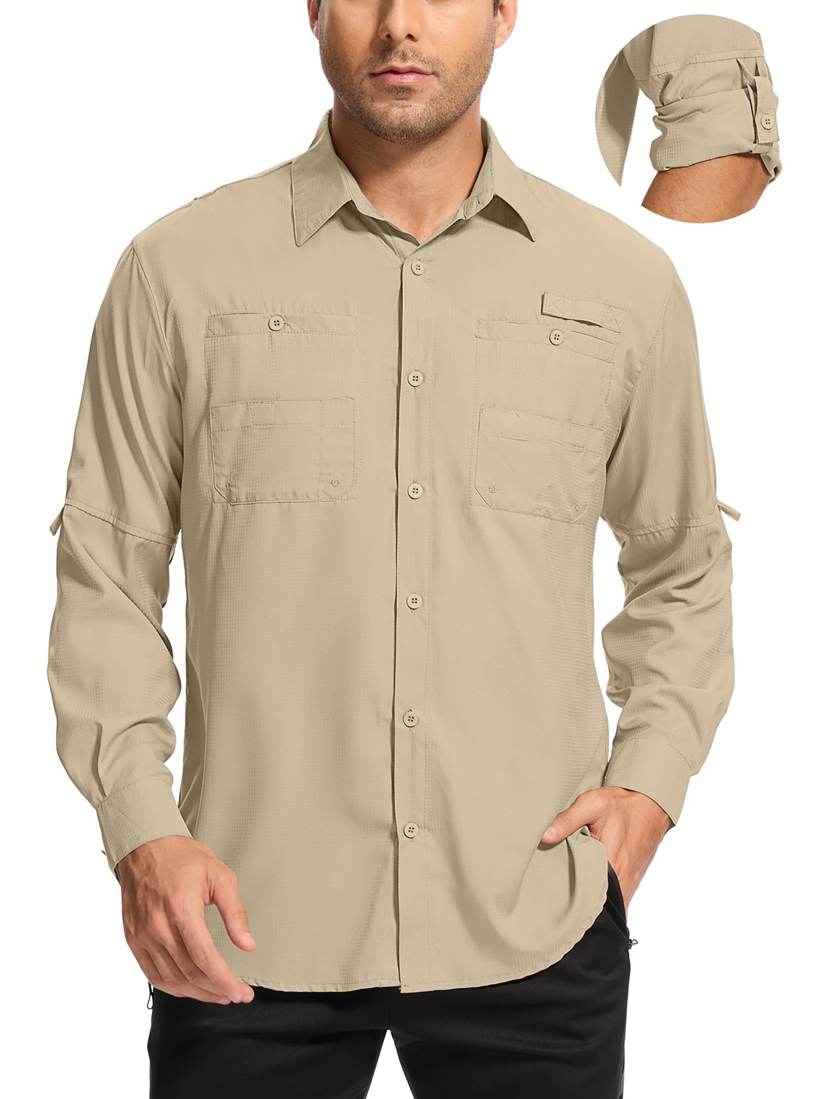 Camisas de Pesca de Manga Larga para Hombre, con protección Solar UPF 50+, Ligeras, de Secado rápido, Estilo Safari, para Acampar, Caqui, Large
